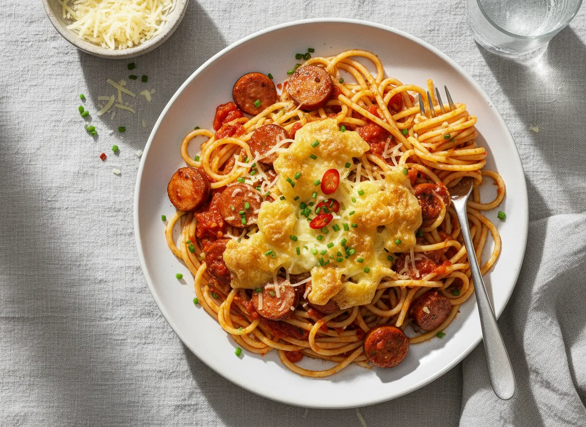 Spaghetti mit Würstchen und Käse photo