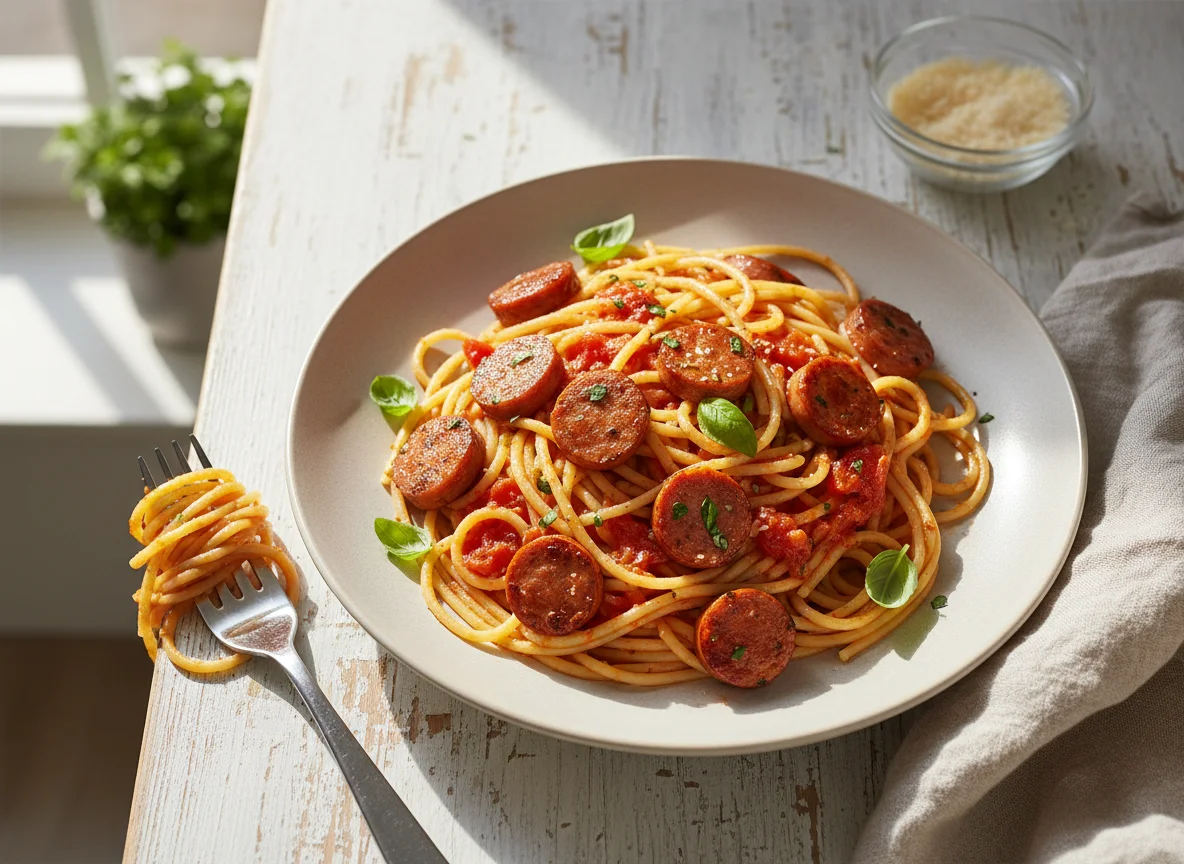 Spaghetti mit Würstchen und Tomatensauce photo