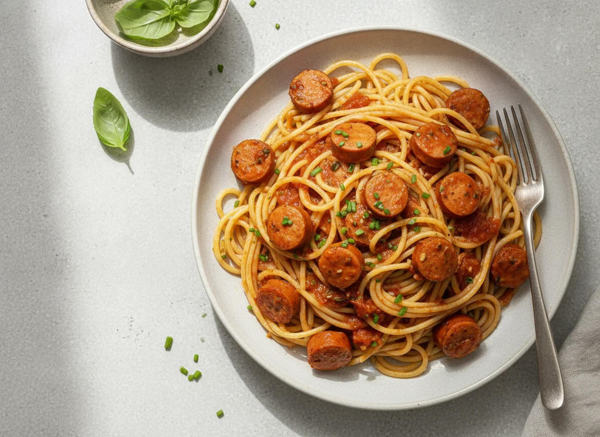 Spaghetti mit Wurstgulasch photo