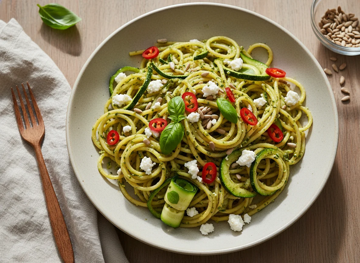 Spaghetti mit Zucchini, Feta und Pesto photo