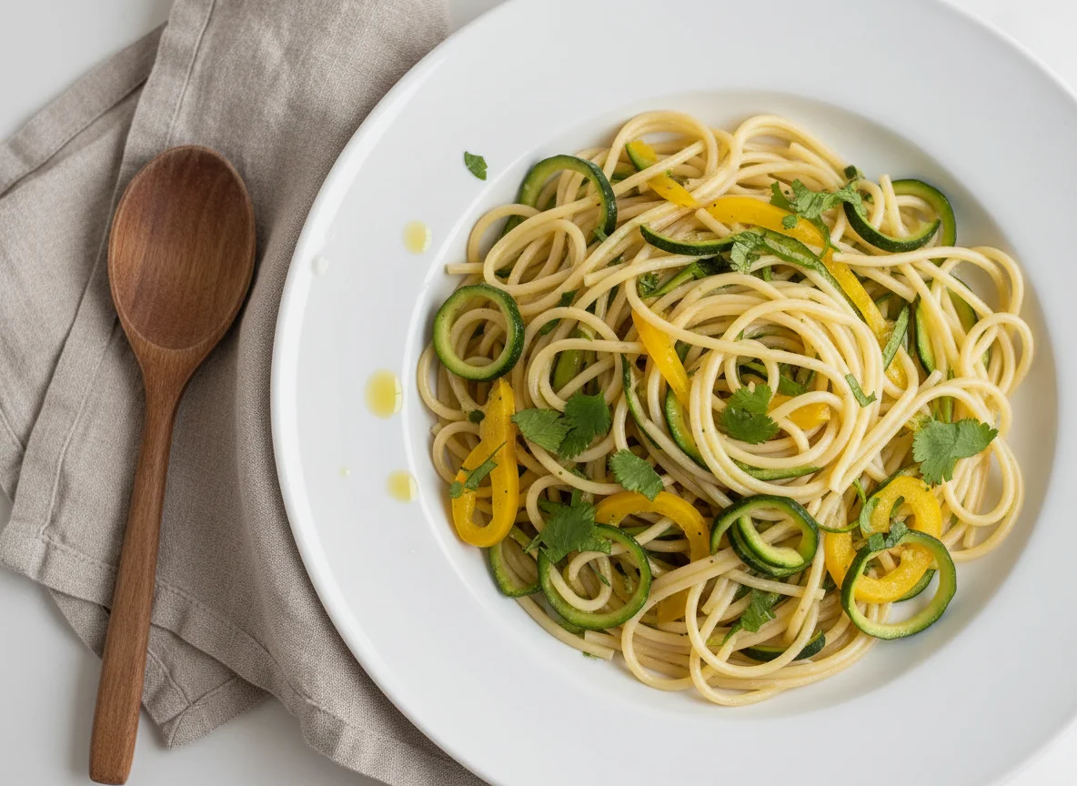 Spaghetti mit Zucchini, Paprika und Koriander photo