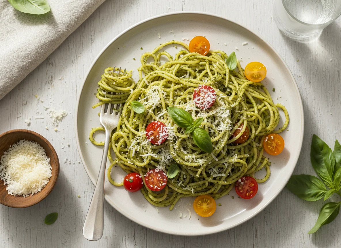 Spaghetti Pesto mit Kirschtomaten und Parmesan photo