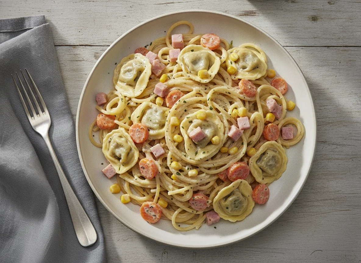 Spaghetti und Tortellini mit Schinken-Sahne-Soße, Mais und Karotten photo
