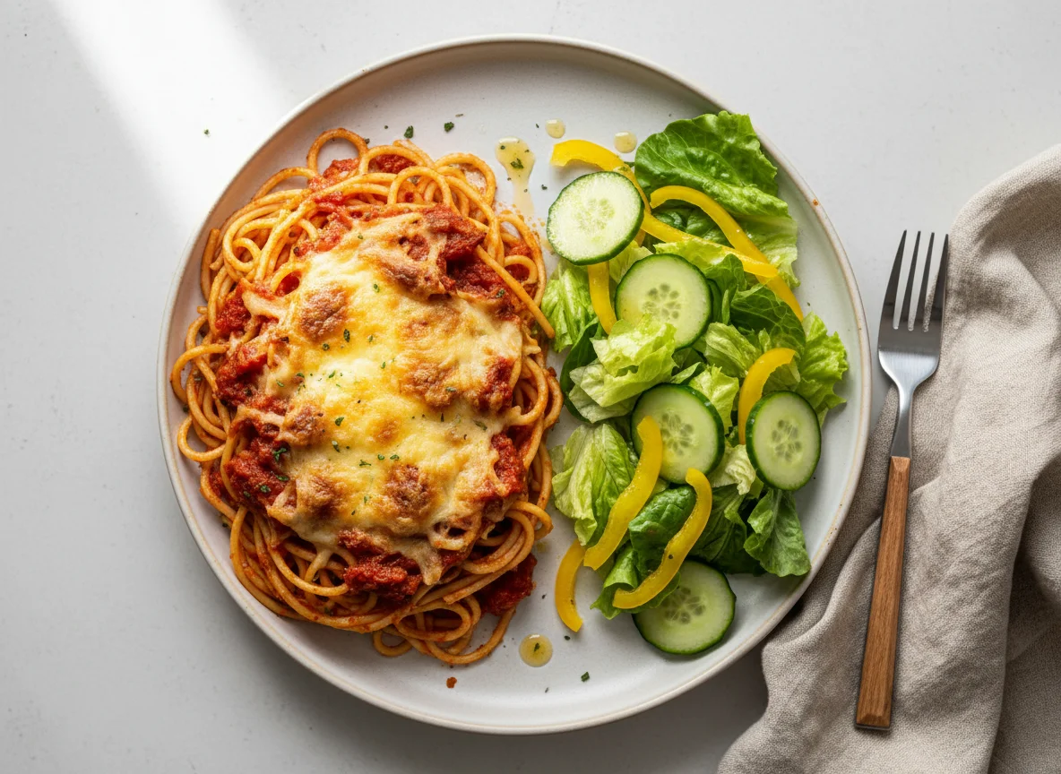 Spaghetti-Auflauf mit Beilagensalat photo