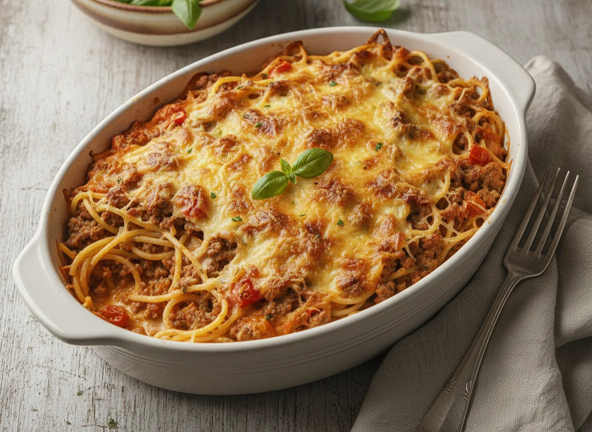 Spaghetti-Auflauf mit Hackfleisch und Käse photo