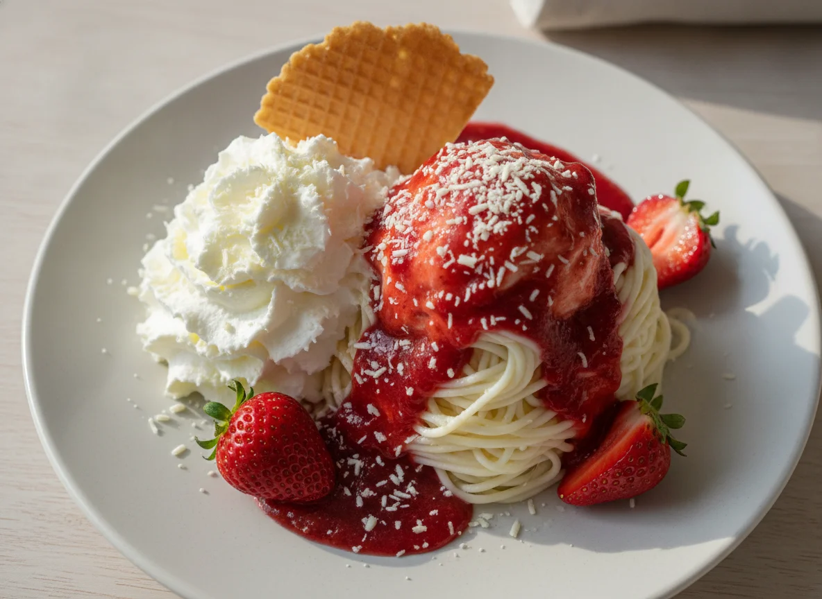 Spaghetti-Eis mit Erdbeeren photo