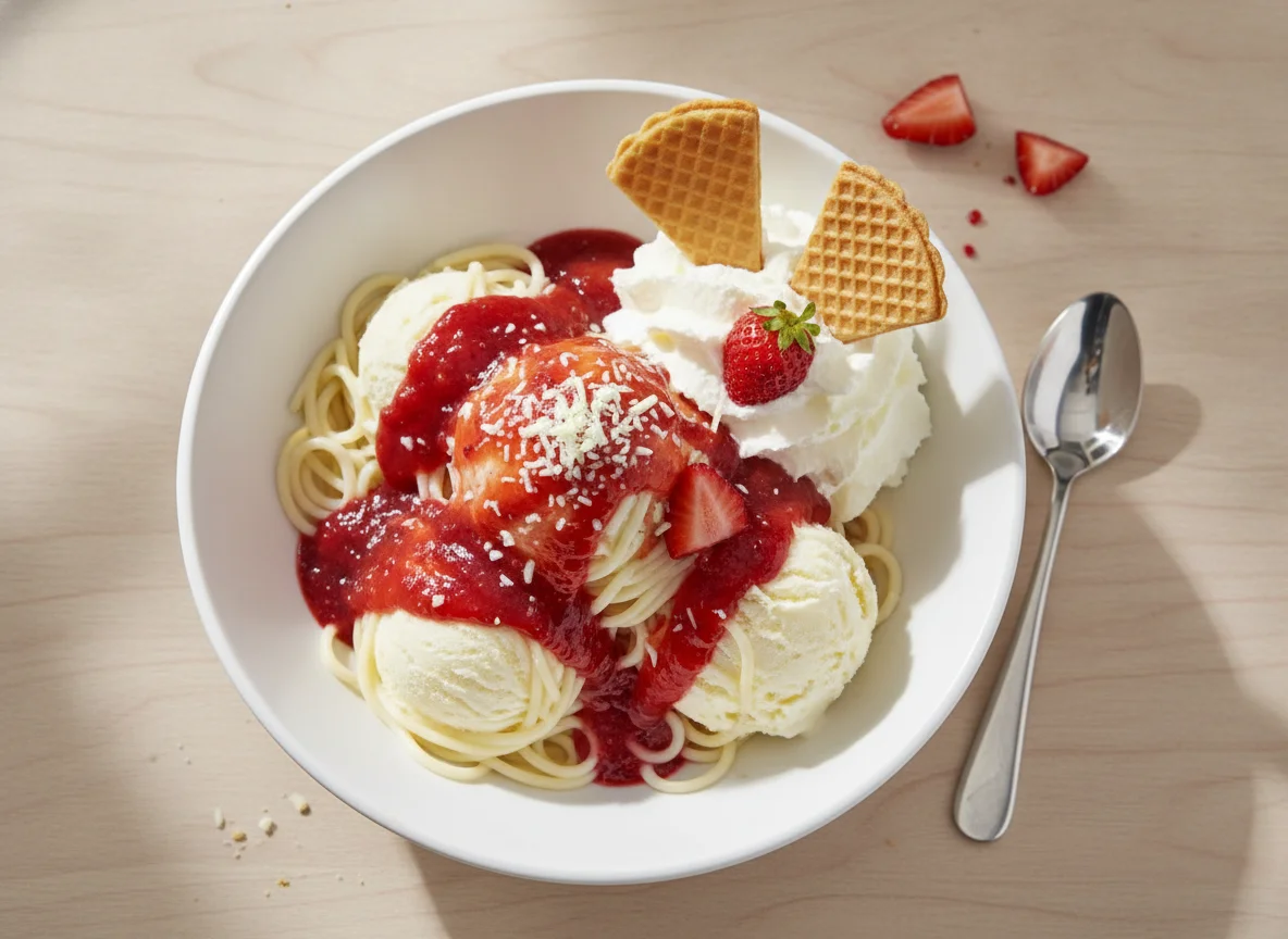 Spaghetti-Eis mit Erdbeersauce photo