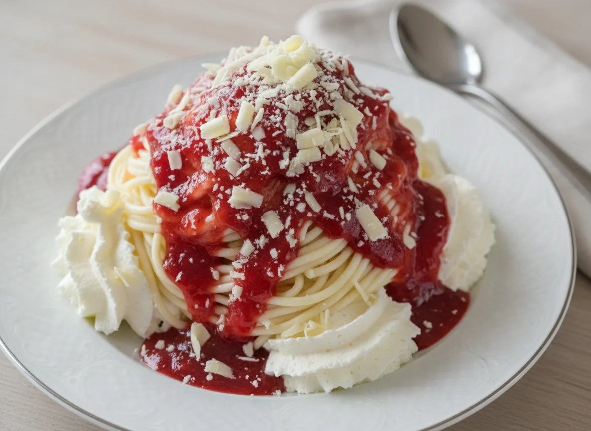 Spaghetti-Eis mit Erdbeersauce und weißer Schokolade photo