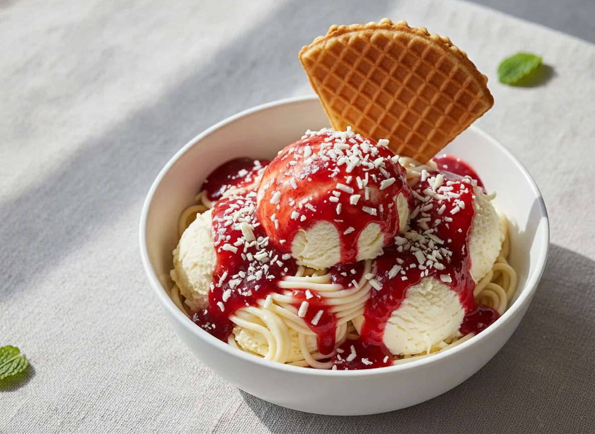 Spaghetti-Eis mit Waffel photo