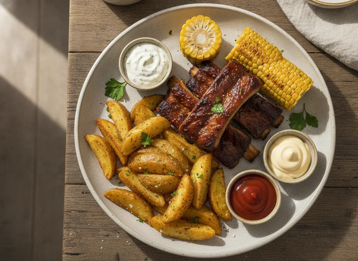Spareribs mit Beilagen und Saucen photo