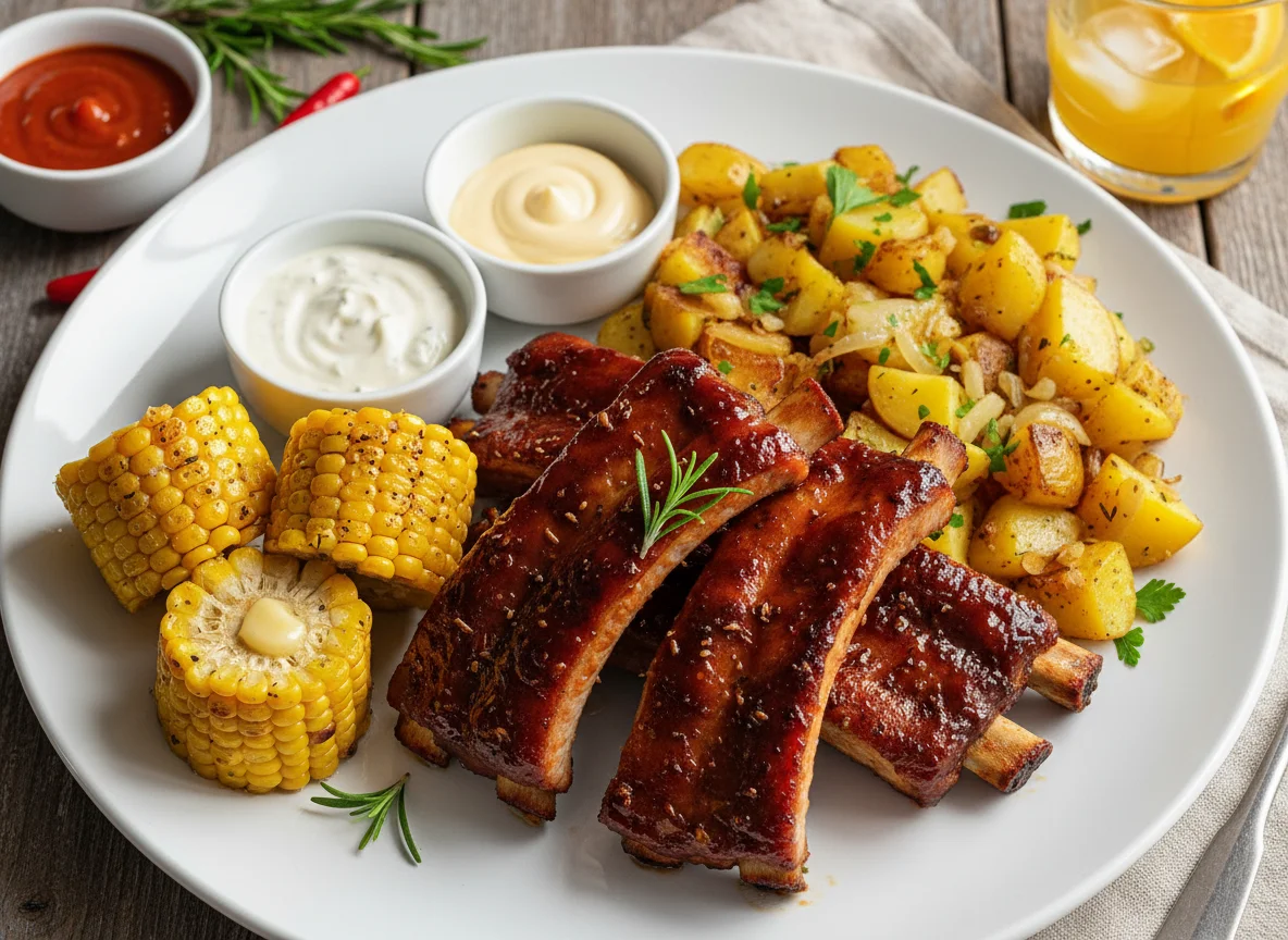 Spareribs mit Kartoffeln, Mais und Saucen photo