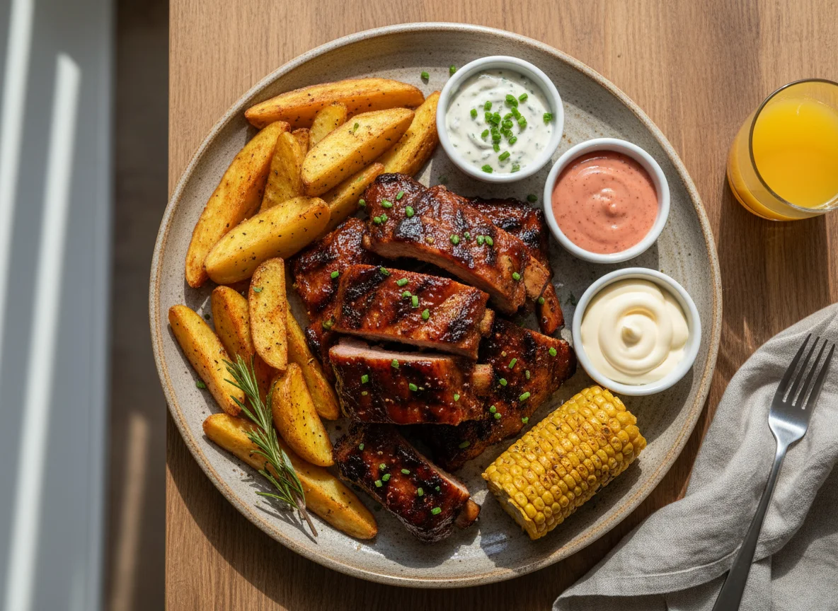Spareribs mit Kartoffelspalten und Saucen photo