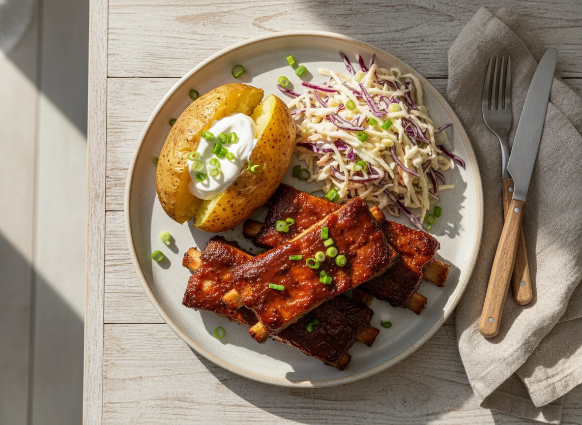 Spareribs mit Ofenkartoffel und Krautsalat photo