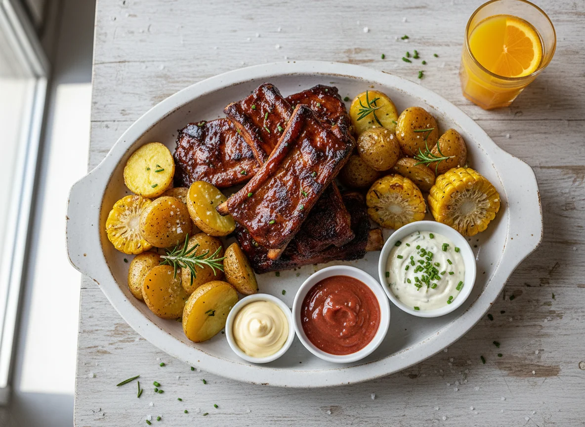Spareribs mit Ofenkartoffeln und Saucen photo