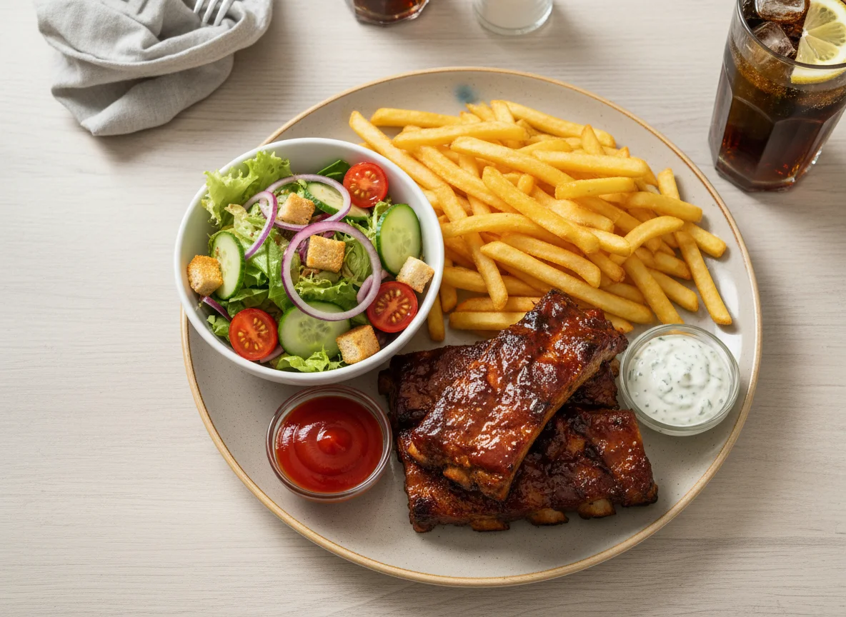 Spareribs mit Pommes Frites, Beilagensalat und Saucen photo