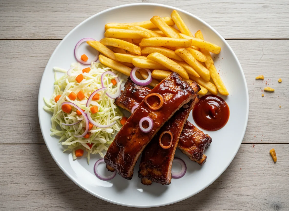Spareribs mit Pommes und Krautsalat photo