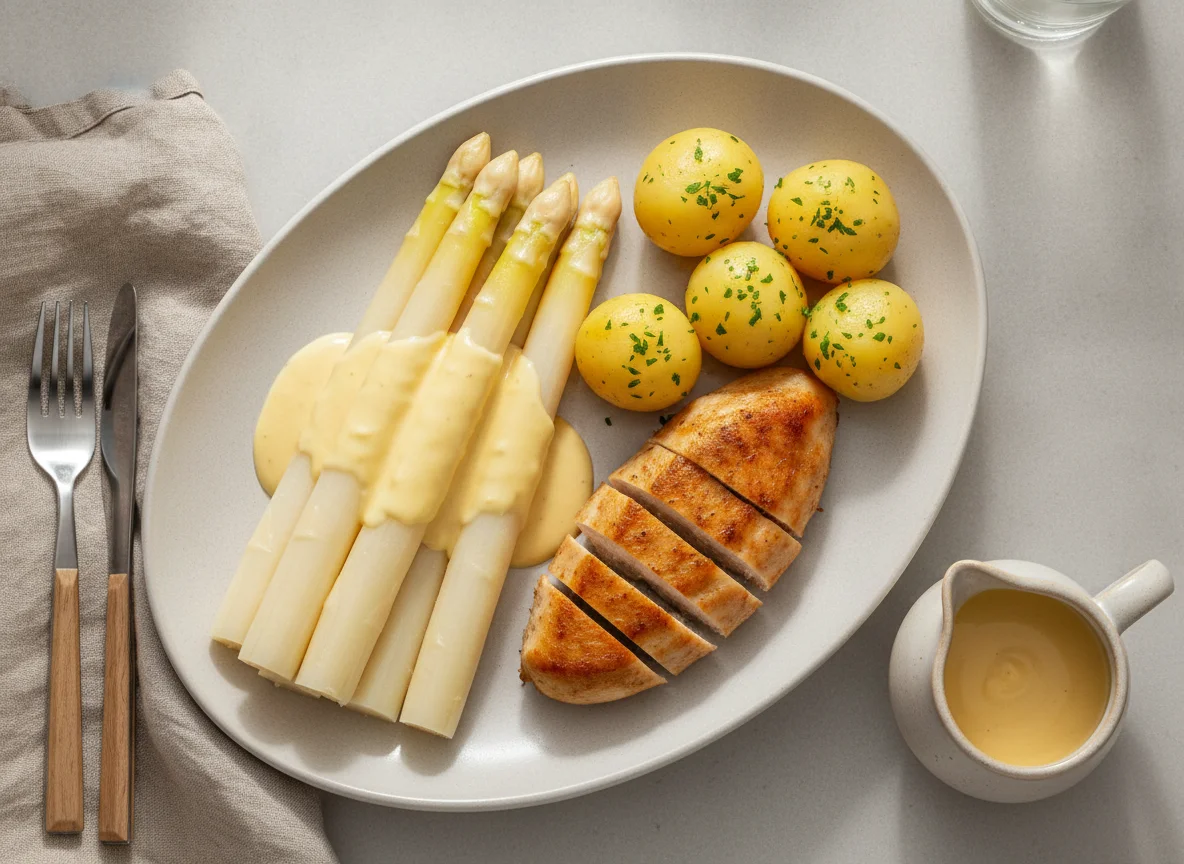Spargel mit Hähnchenbrust, Kartoffeln und Sauce Hollandaise photo
