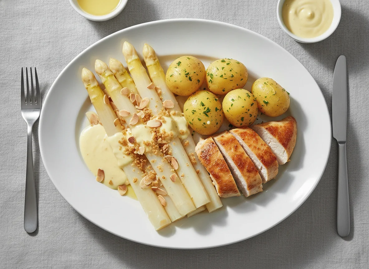 Spargel mit Hähnchenbrust, Salzkartoffeln und Sauce Hollandaise photo