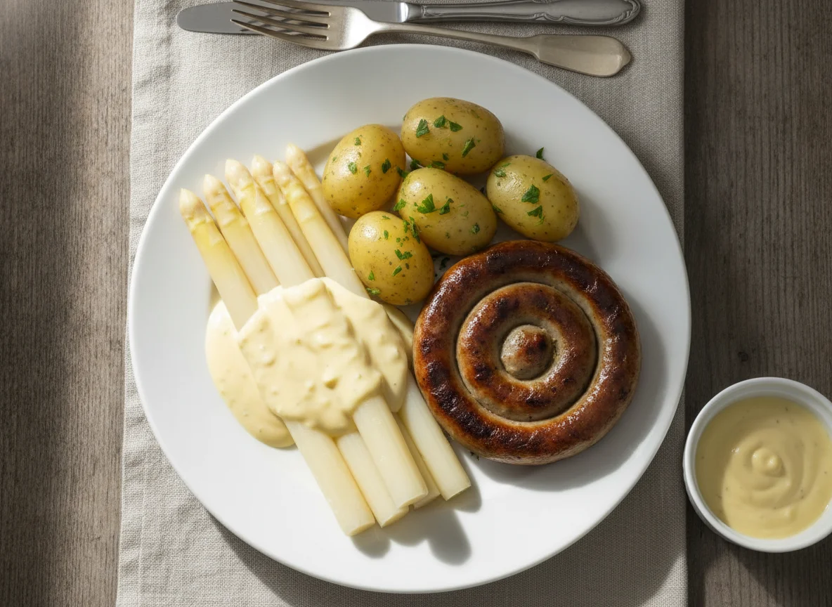 Spargel mit Kartoffeln, Bratwurst und Sauce Hollandaise photo
