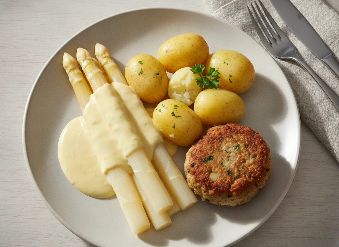 Spargel mit Kartoffeln, Frikadelle und Sauce Hollandaise photo