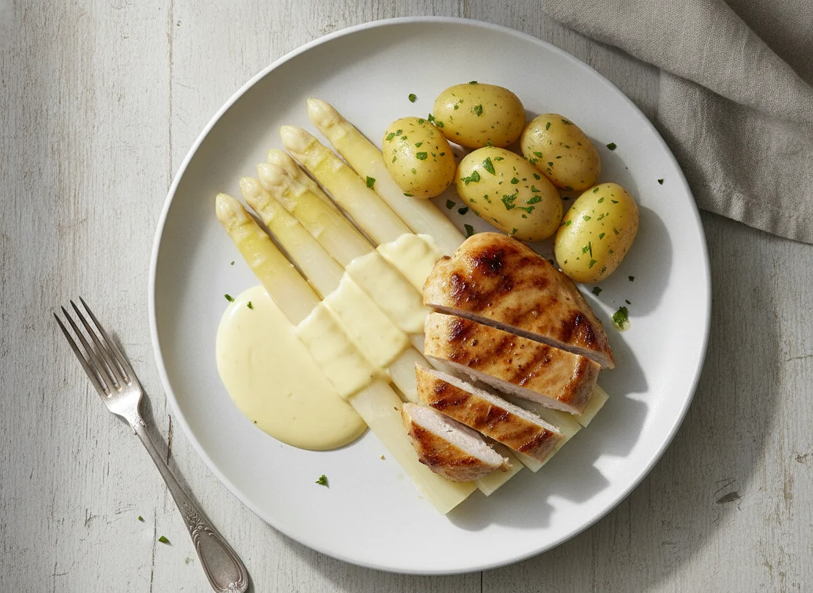 Spargel mit Kartoffeln, Hähnchenbrust und Sauce Hollandaise photo