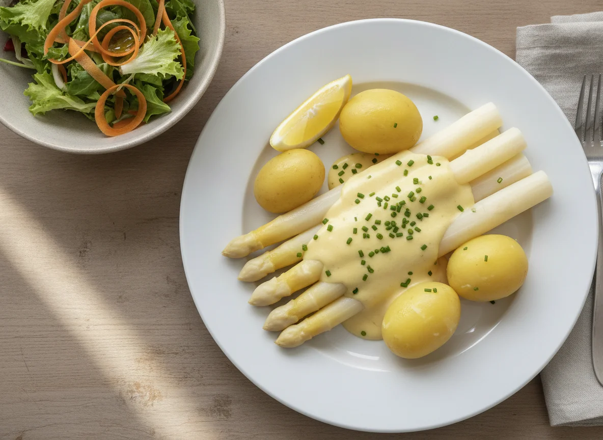 Spargel mit Kartoffeln, Sauce Hollandaise und Beilagensalat photo
