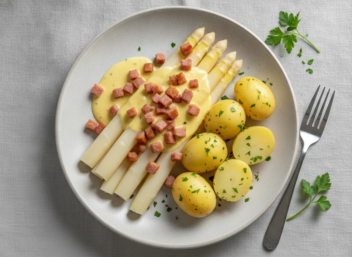 Spargel mit Kartoffeln, Sauce Hollandaise und Schinkenwürfeln photo