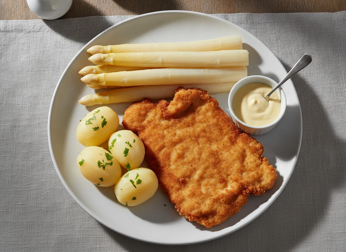 Spargel mit Kartoffeln, Sauce Hollandaise und Schnitzel photo