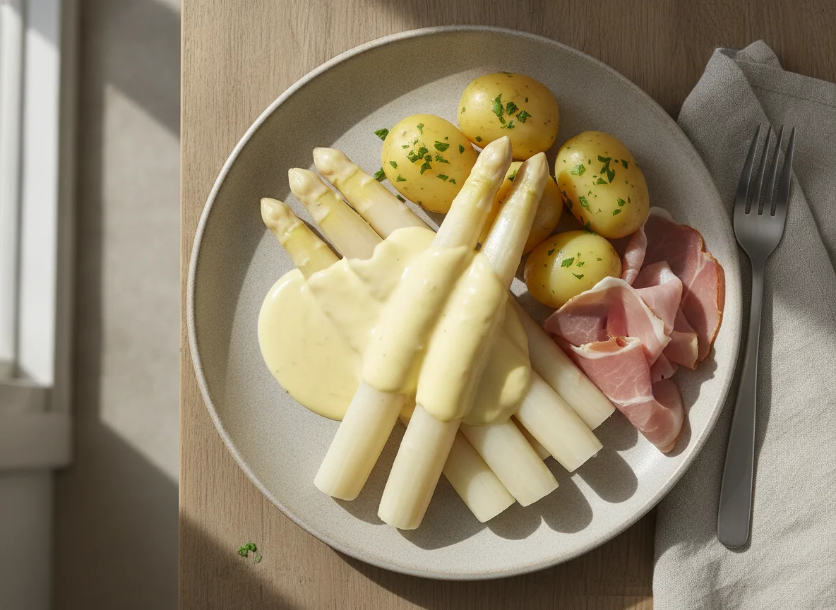 Spargel mit Kartoffeln, Schinken und Sauce Hollandaise photo