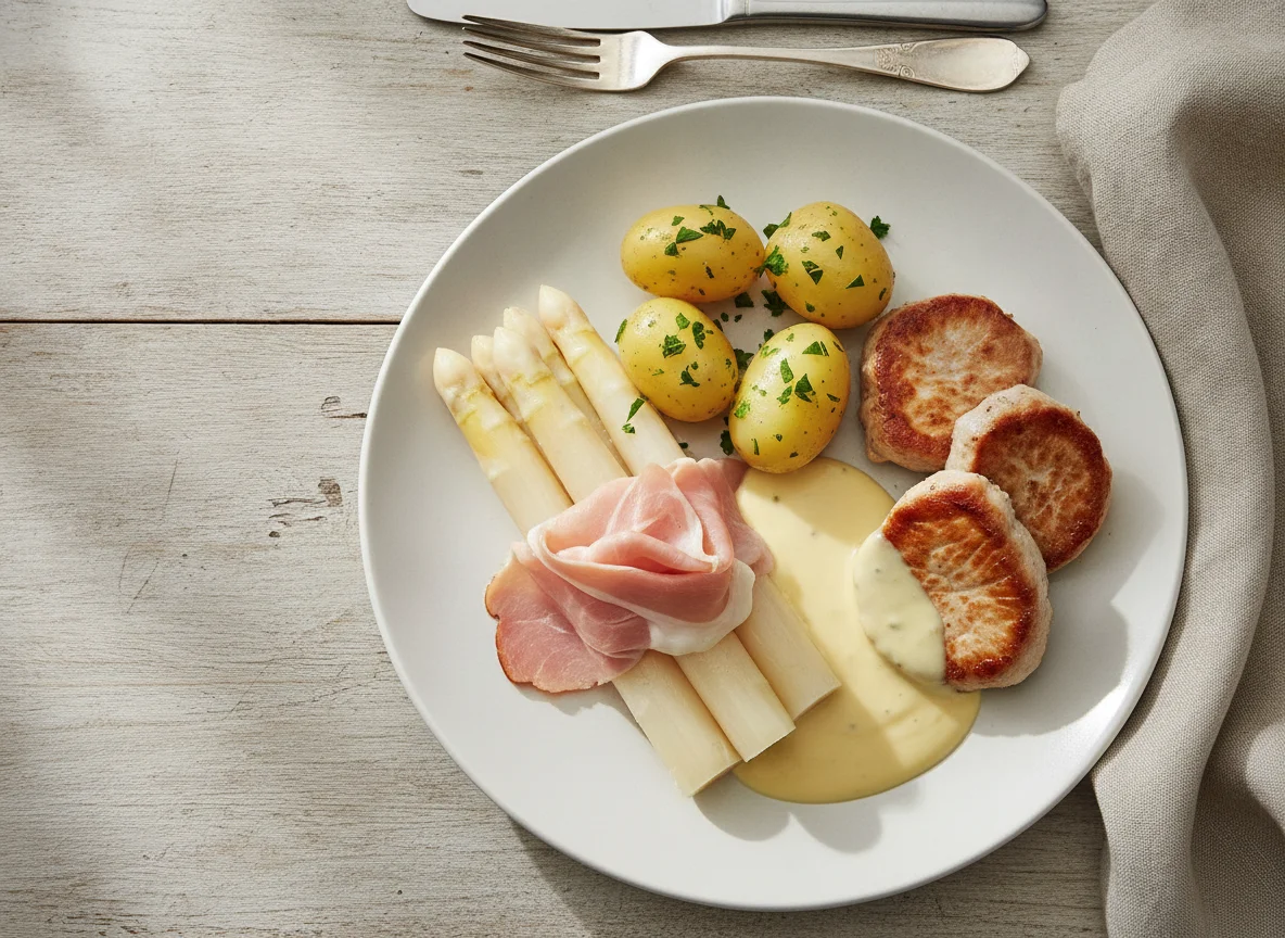 Spargel mit Kartoffeln, Schweinefilet und Sauce Hollandaise photo