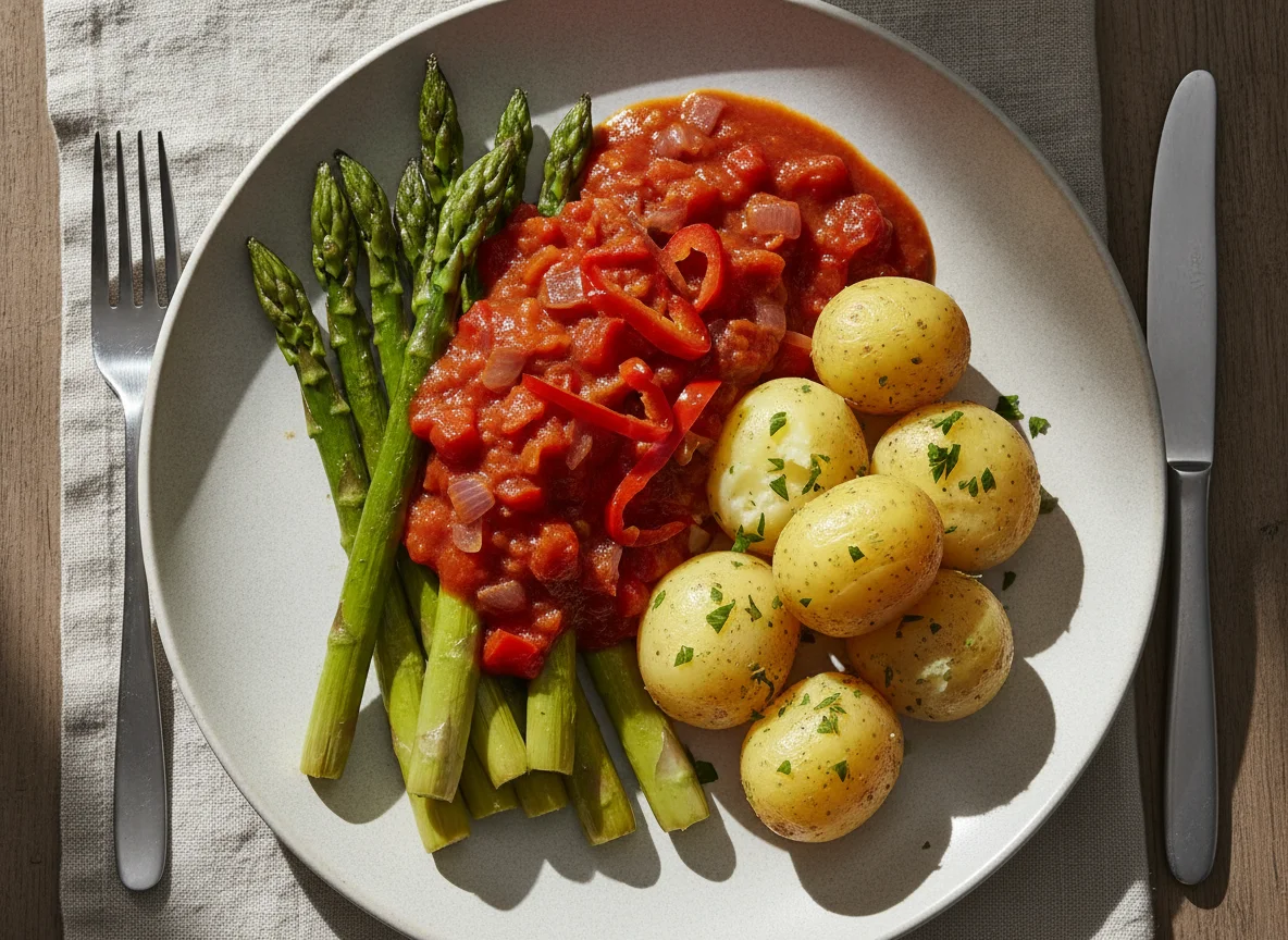 Spargel mit Kartoffeln und Sauce photo