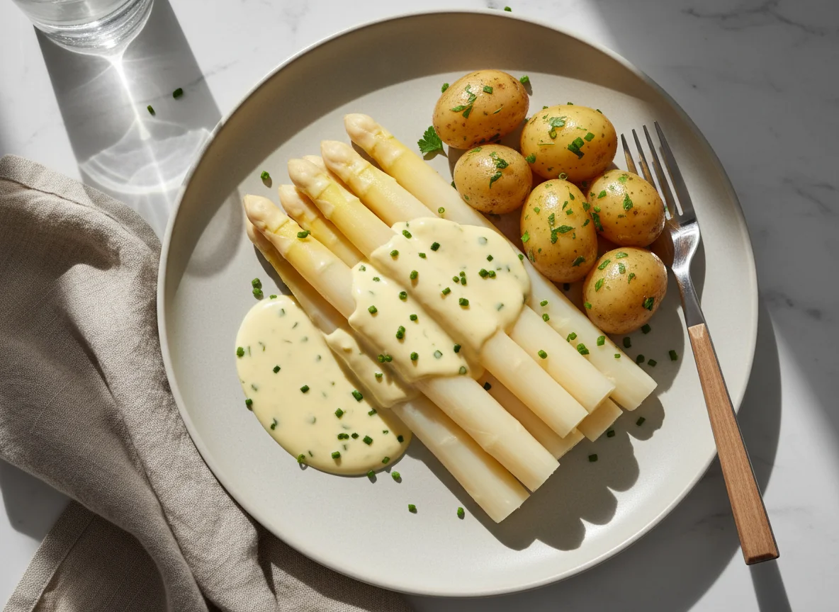 Spargel mit Kartoffeln und Sauce Hollandaise photo