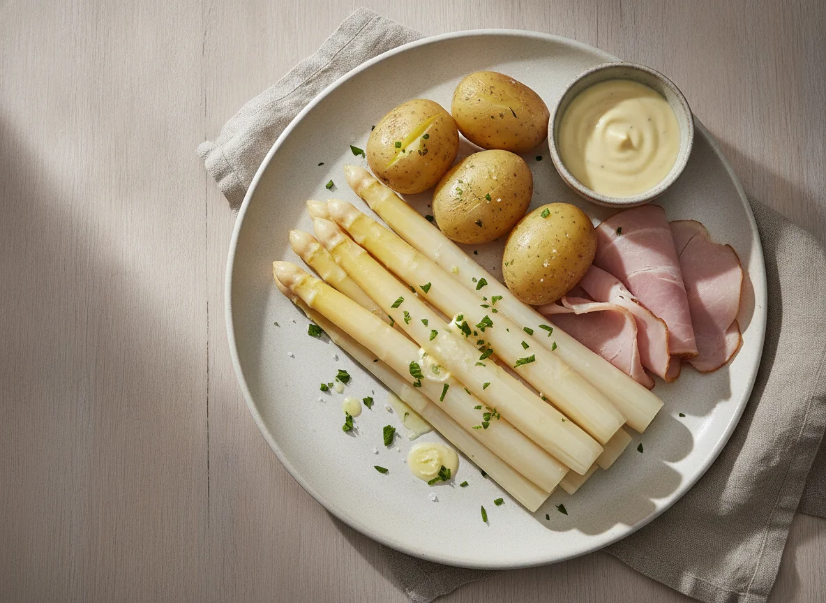Spargel mit Kartoffeln und Schinken photo
