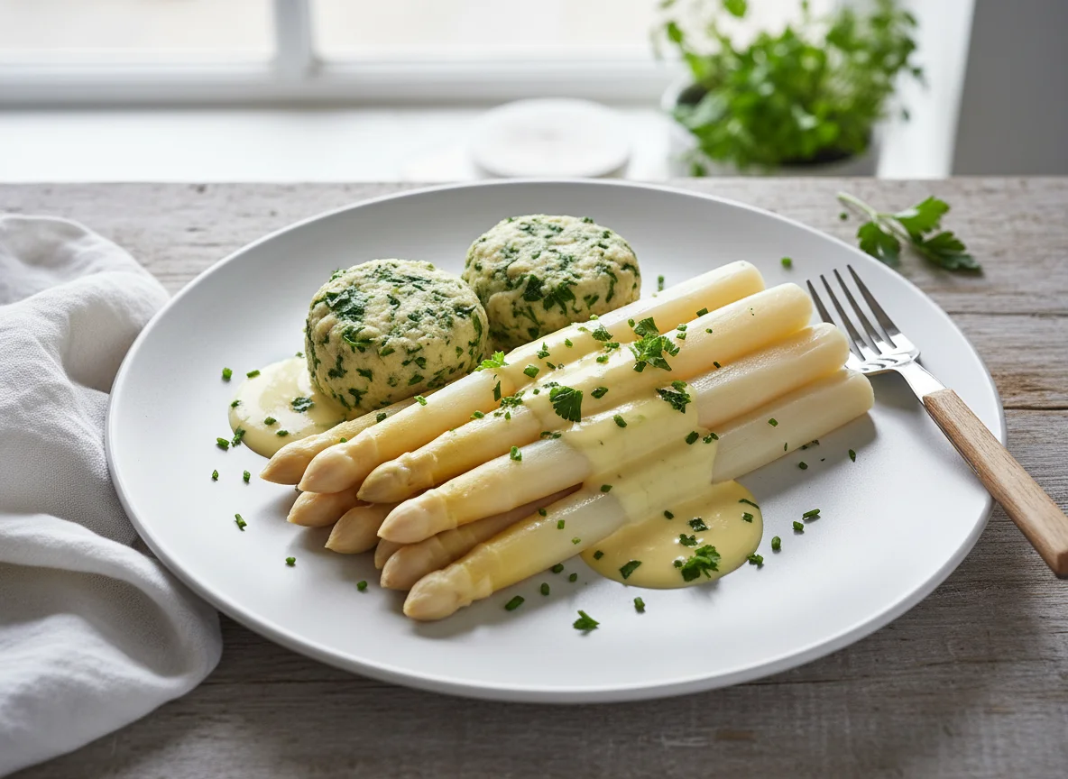 Spargel mit Kräuterklößen und Sauce Hollandaise photo