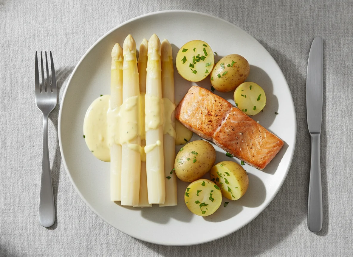 Spargel mit Lachs, Kartoffeln und Sauce Hollandaise photo