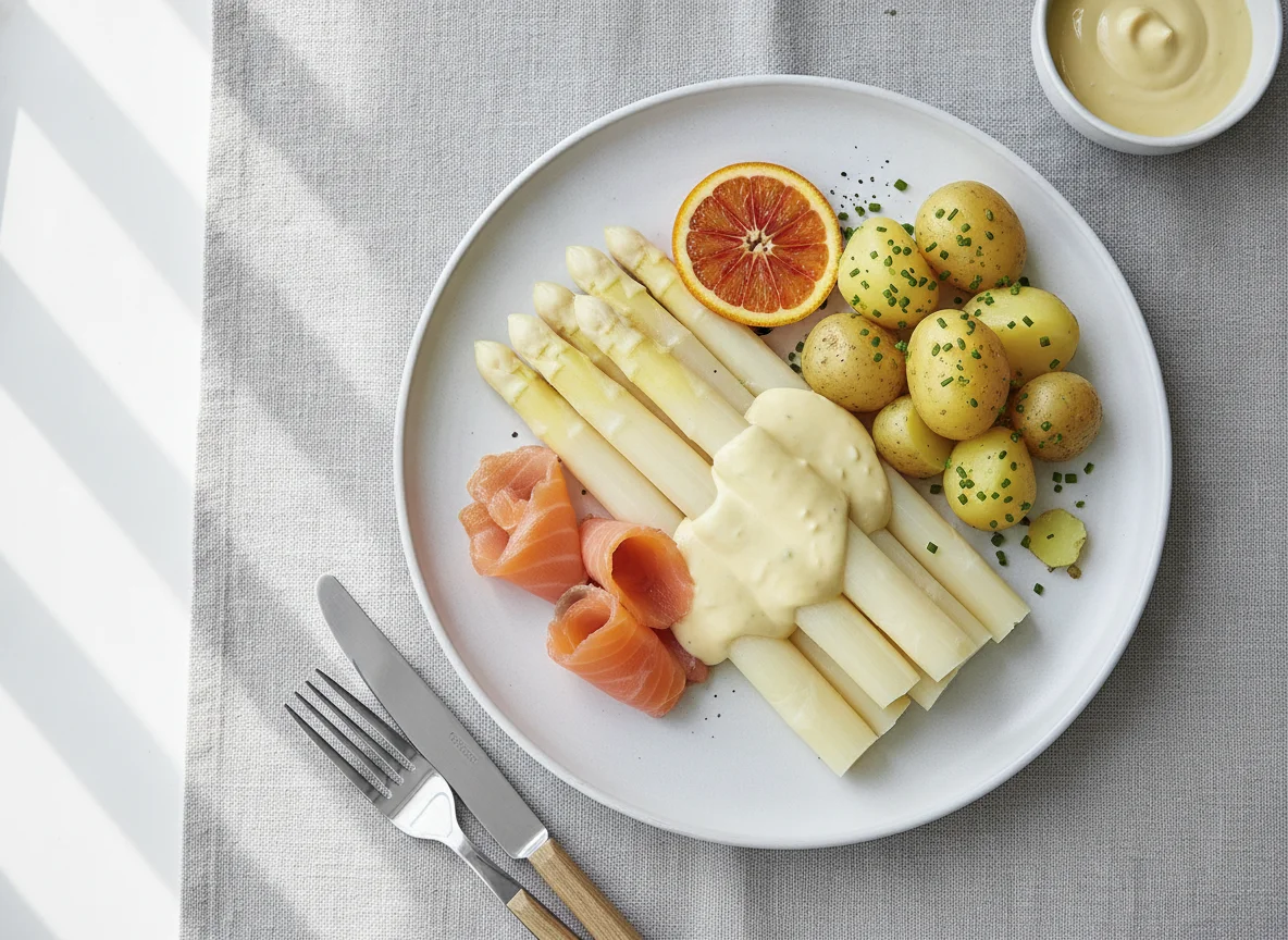 Spargel mit Räucherlachs, Kartoffeln und Sauce Hollandaise photo