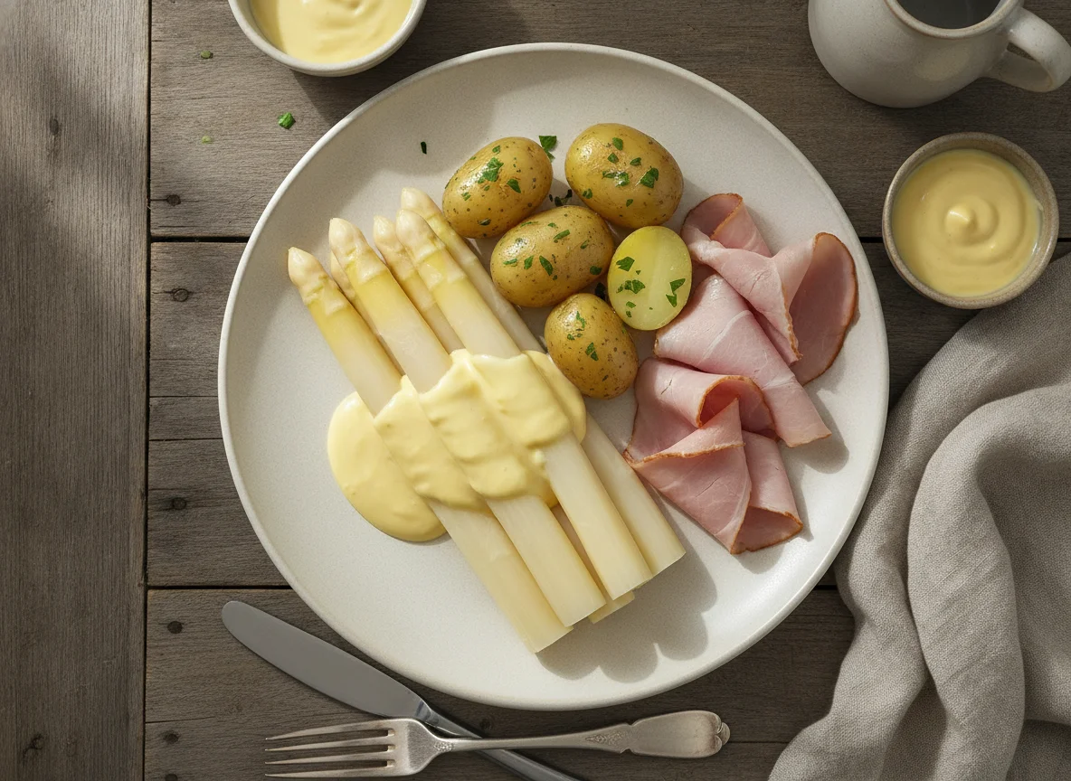 Spargel mit Salzkartoffeln, Kochschinken und Sauce Hollandaise photo