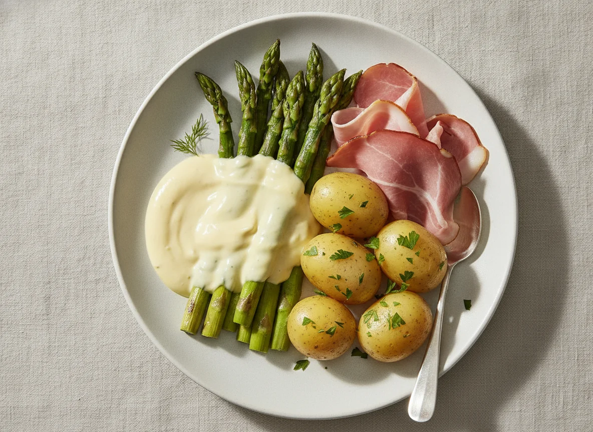 Spargel mit Salzkartoffeln, Schinken und Sauce Hollandaise photo