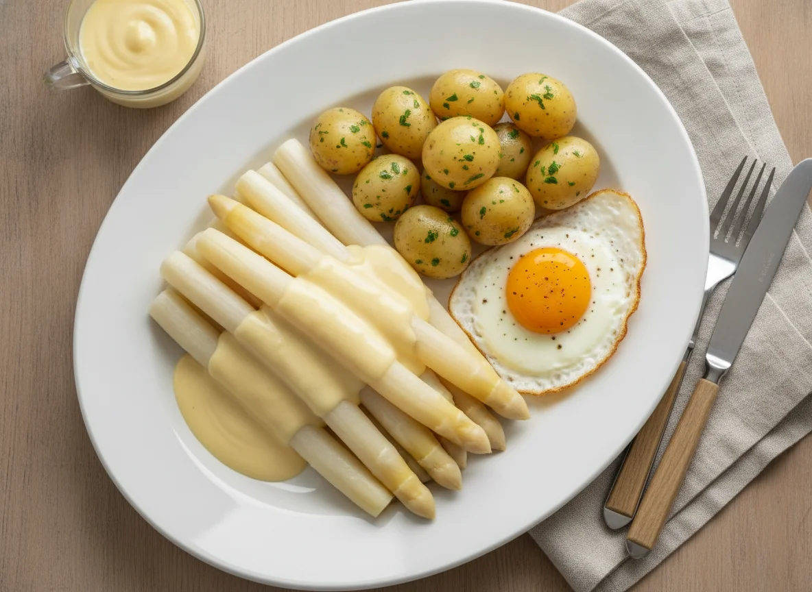 Spargel mit Salzkartoffeln, Spiegelei und Sauce Hollandaise photo
