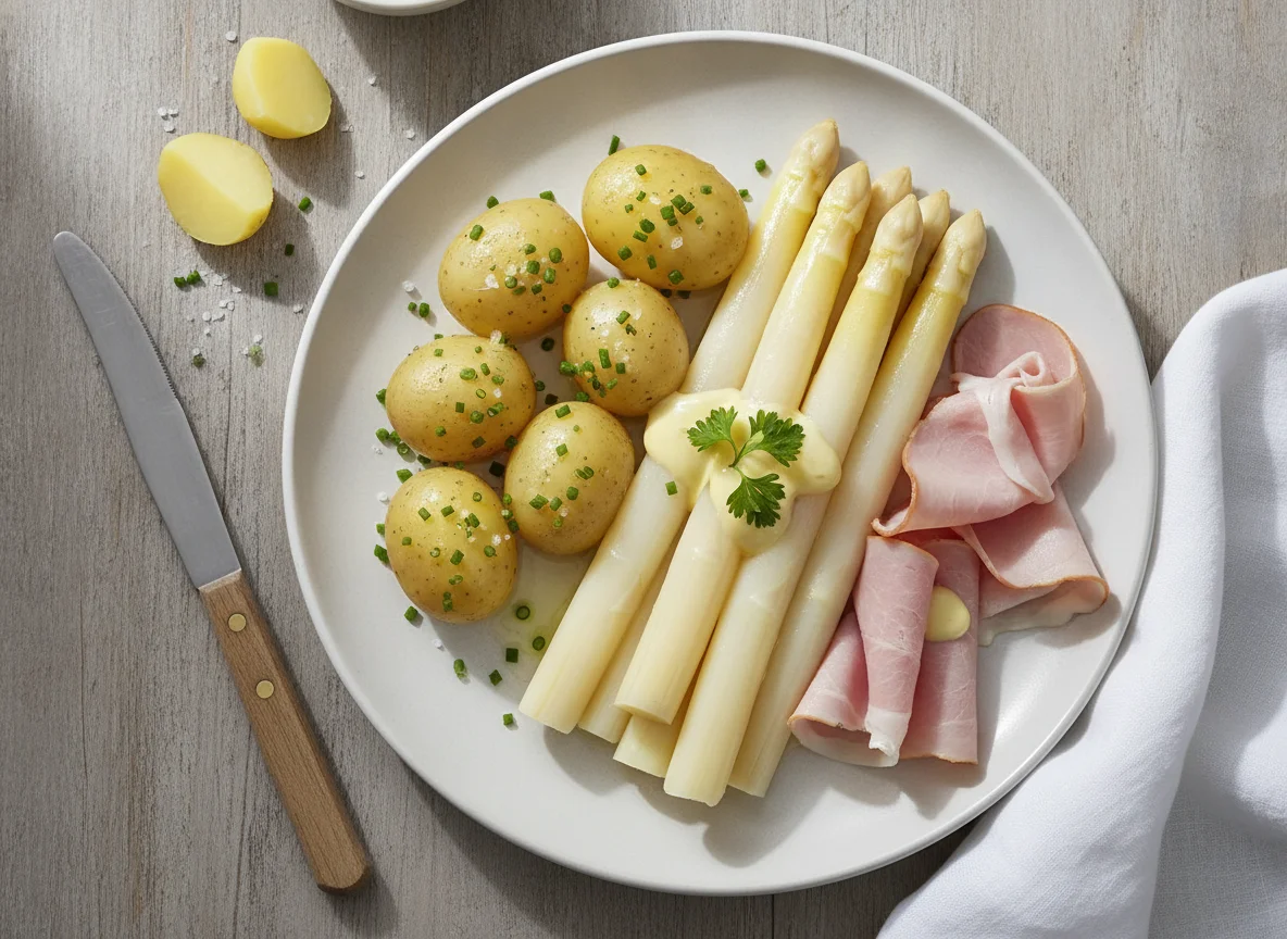 Spargel mit Salzkartoffeln und Kochschinken photo
