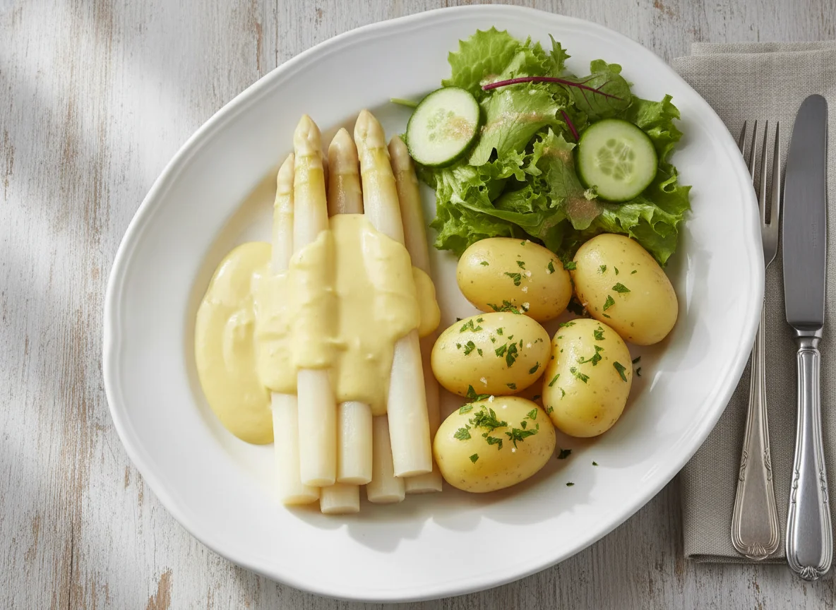 Spargel mit Salzkartoffeln und Sauce Hollandaise photo