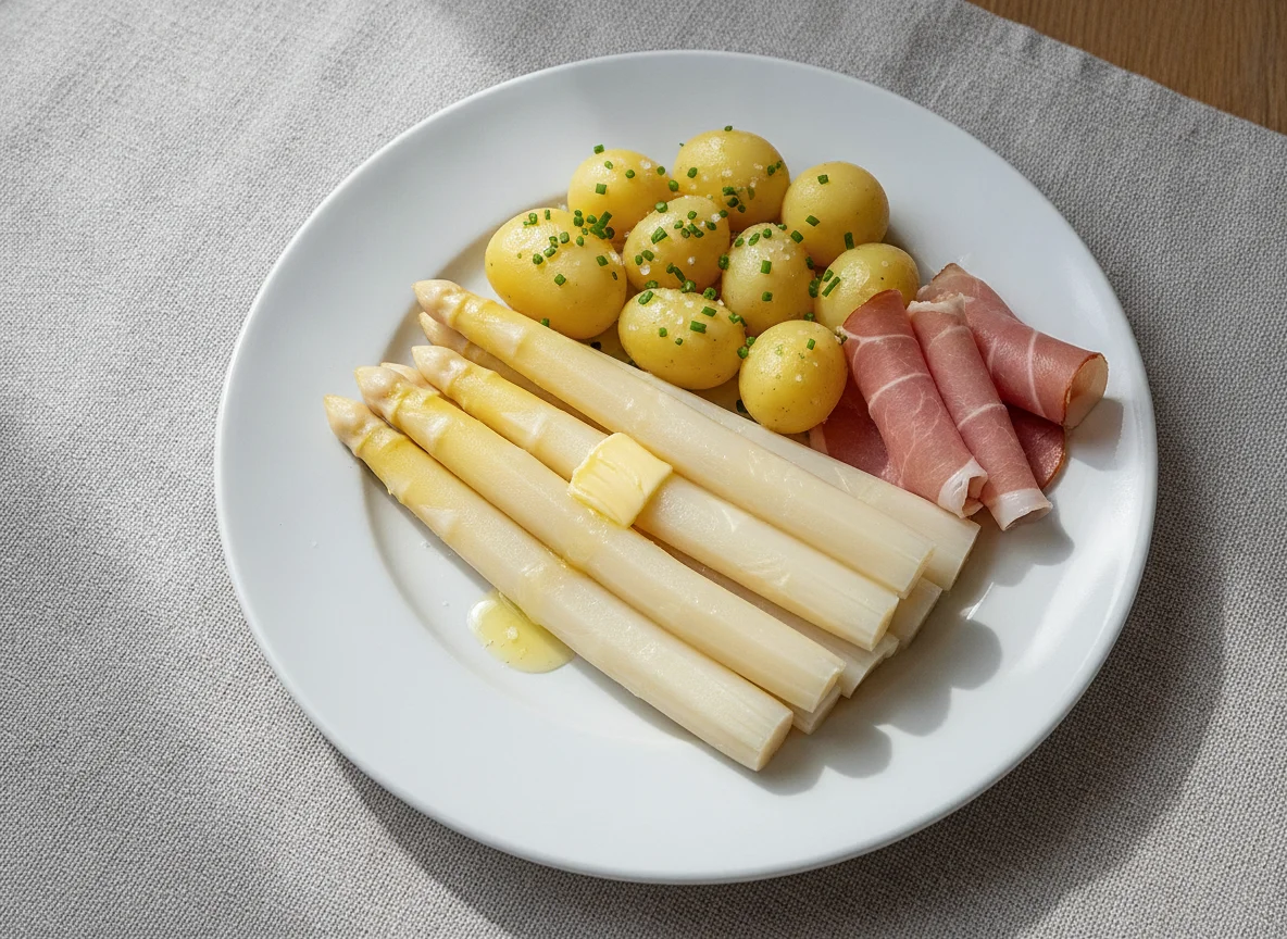 Spargel mit Salzkartoffeln und Schinken photo