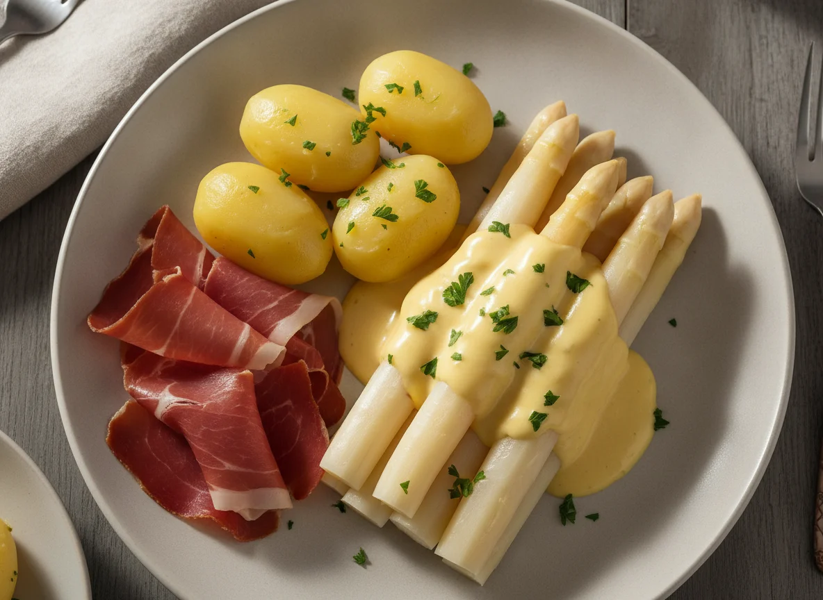 Spargel mit Sauce Hollandaise, Kartoffeln und Schinken photo