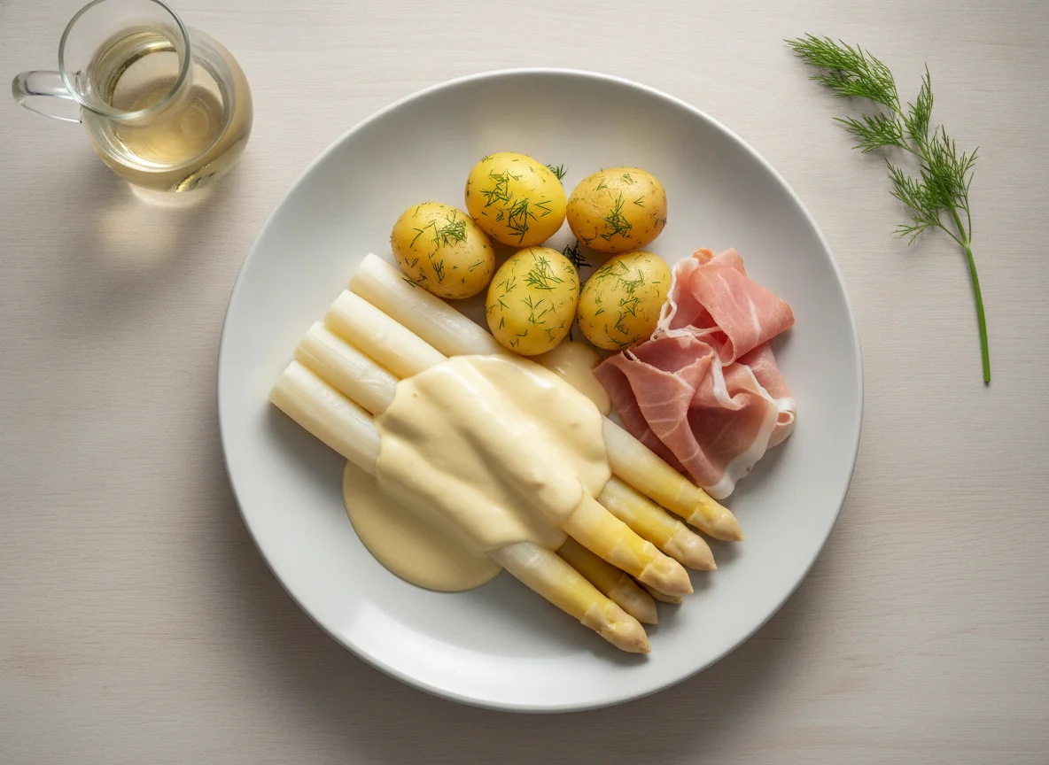 Spargel mit Sauce Hollandaise, Salzkartoffeln und Schinken photo