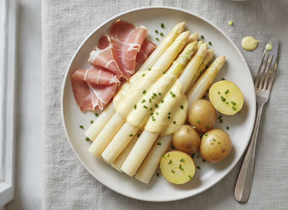 Spargel mit Sauce Hollandaise, Schinken und Kartoffeln photo