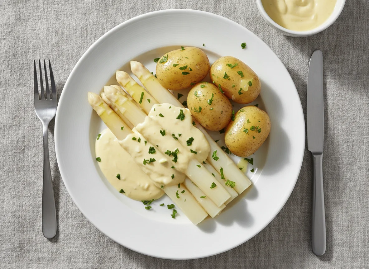 Spargel mit Sauce Hollandaise und Salzkartoffeln photo