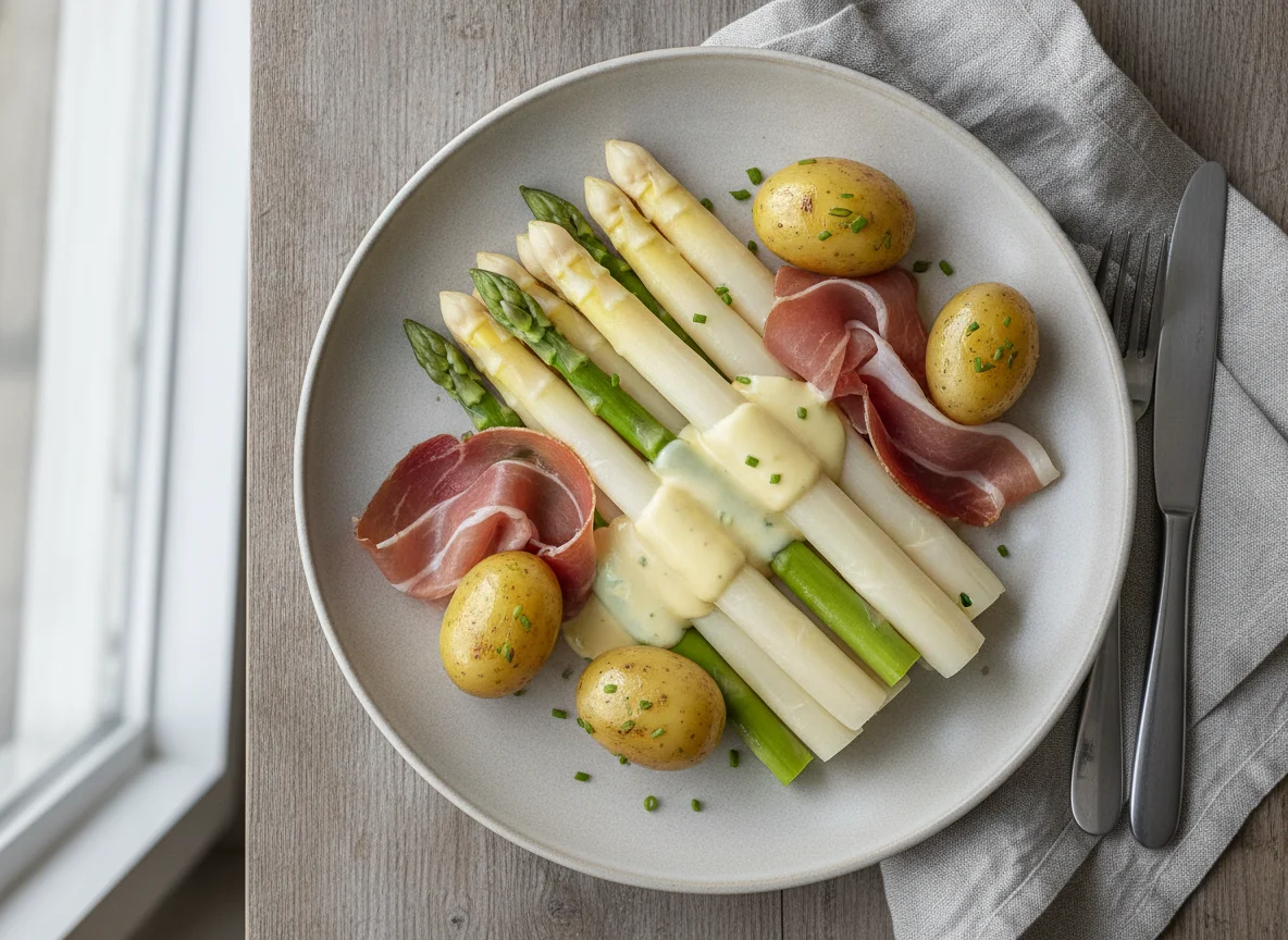 Spargel mit Schinken, Kartoffeln und Sauce Hollandaise photo