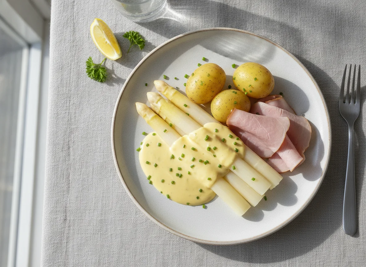 Spargel mit Schinken, Salzkartoffeln und Sauce Hollandaise photo