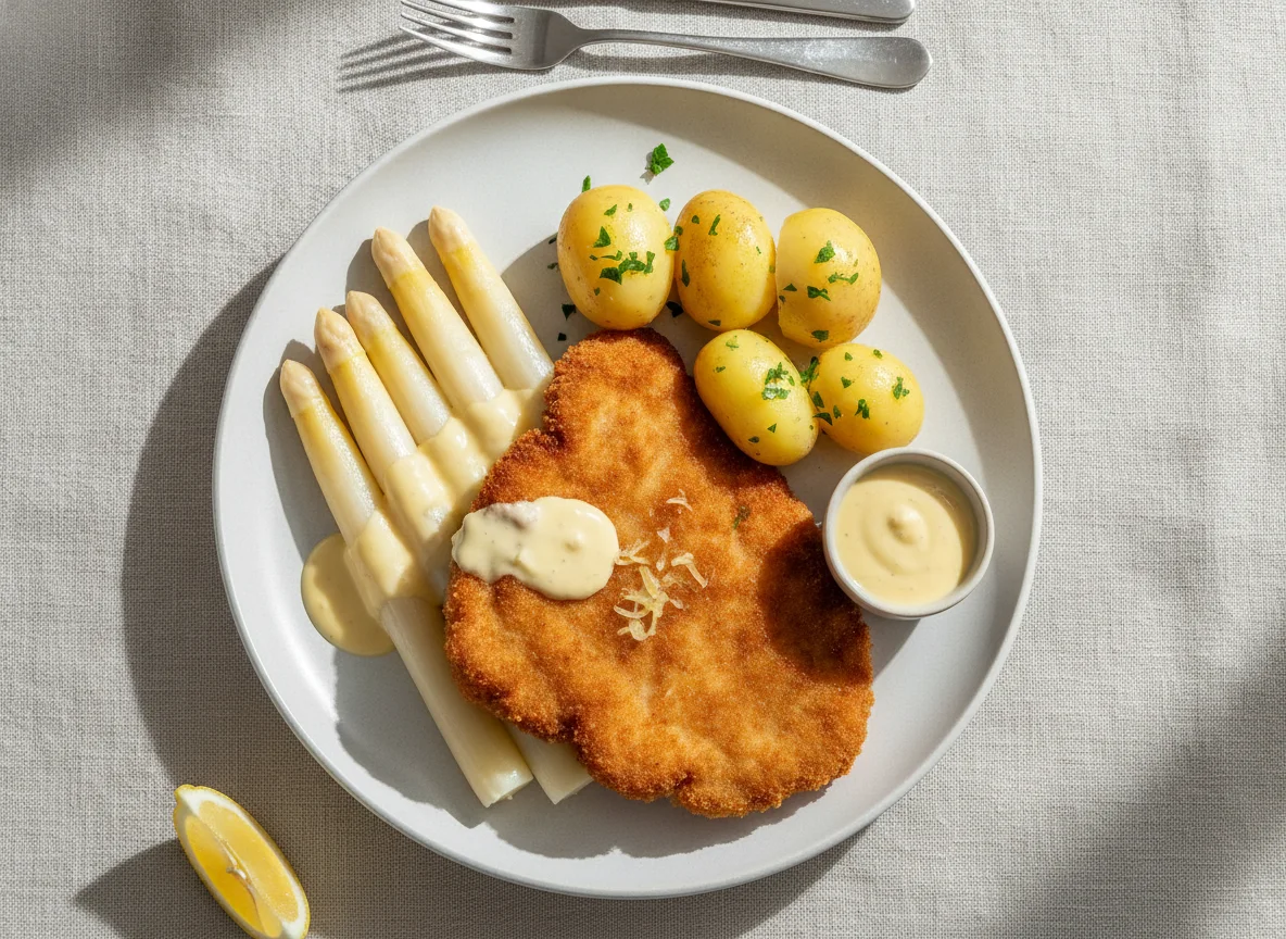 Spargel mit Schnitzel, Kartoffeln und Sauce Hollandaise photo