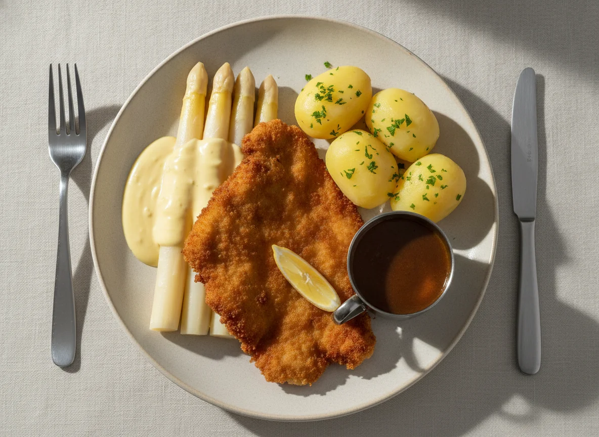 Spargel mit Schnitzel, Salzkartoffeln und Sauce Hollandaise photo